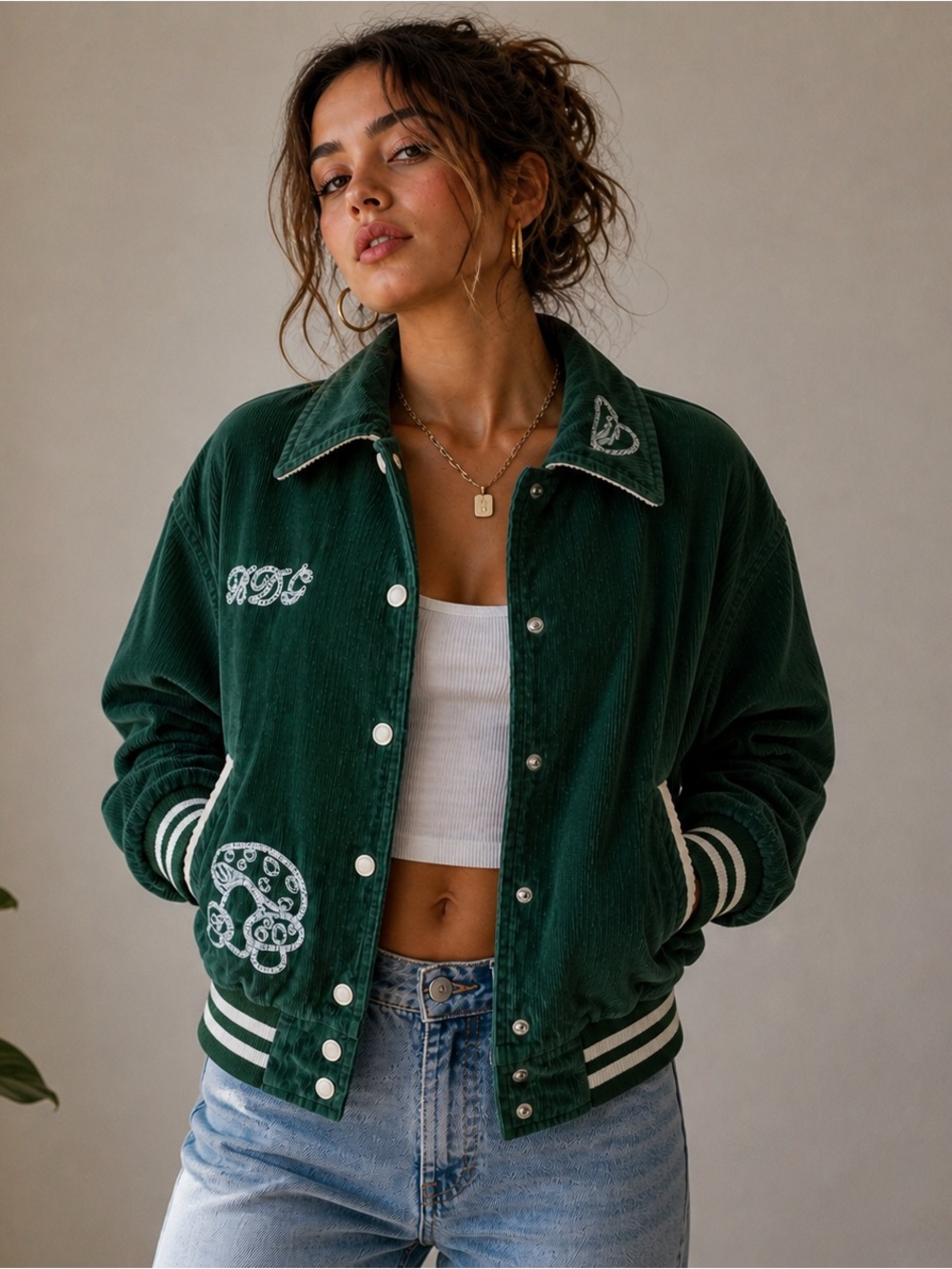 BDG Urban Outfitters Green Corduroy Embroidered Varsity Jacket Small